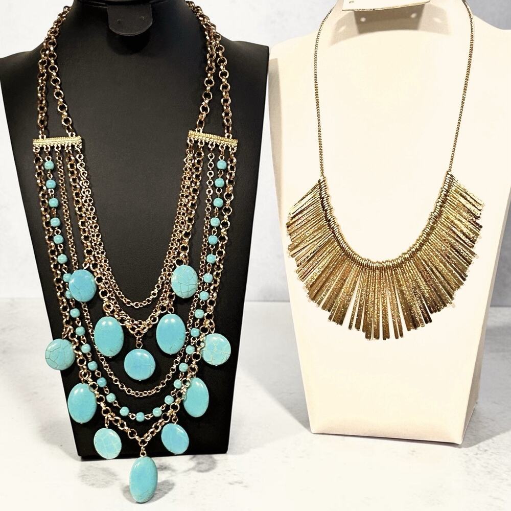 Vtg Statement Necklace Lot Faux Turquoise Bib Fringe Spike Cleopatra Runway